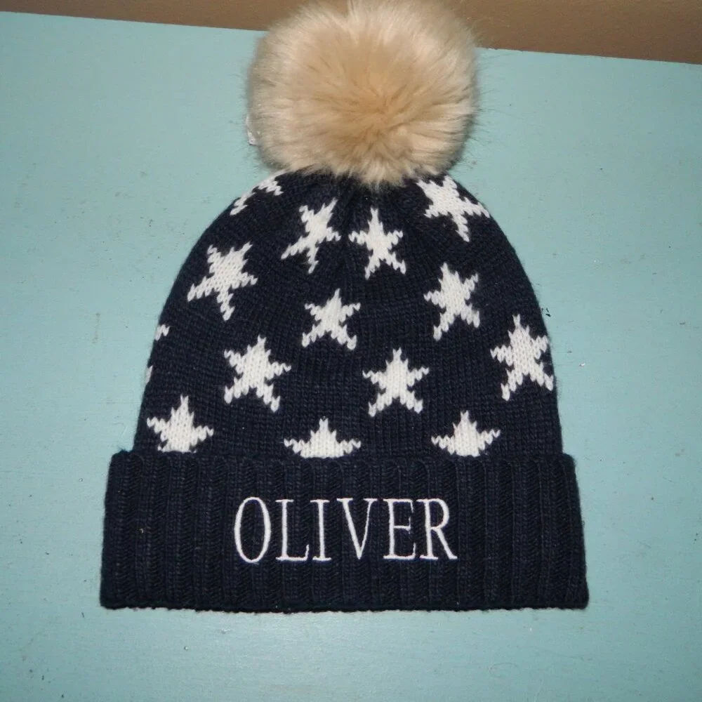 Mark & Graham Kids Faux Fur Navy Stars Pom Pom Hat 